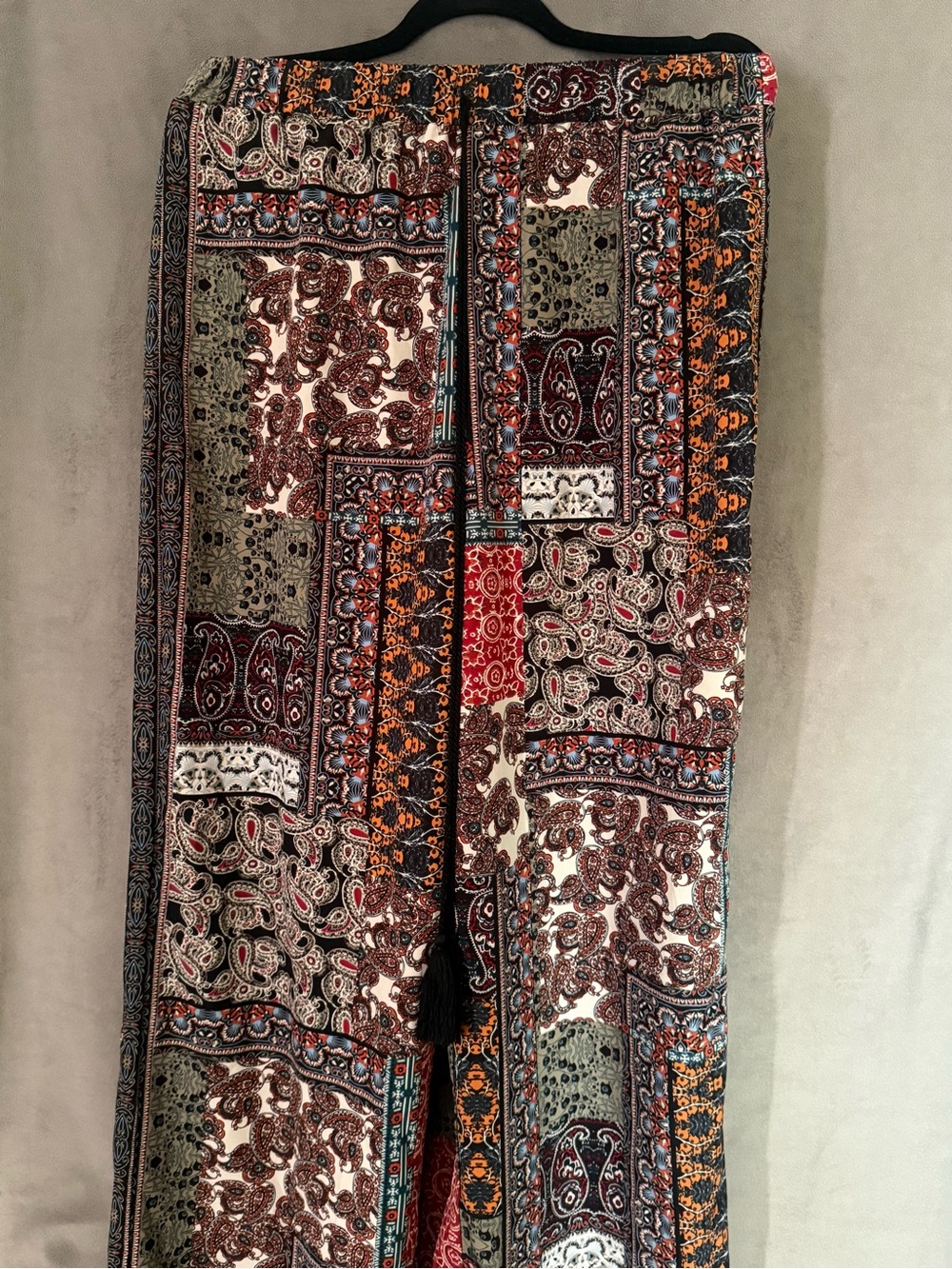 SHEIN Women's Patchwork Paisley Wide Leg Pants in Brown, Green Burgundy & Orange